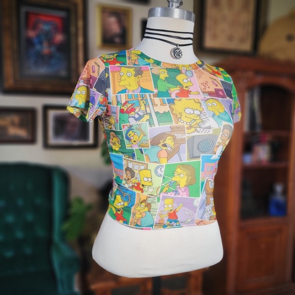 THE SIMPSONS Womens Sheer Crop Graphic Tee Short Sleeve Simpsons Print - S - Picture 1 of 7